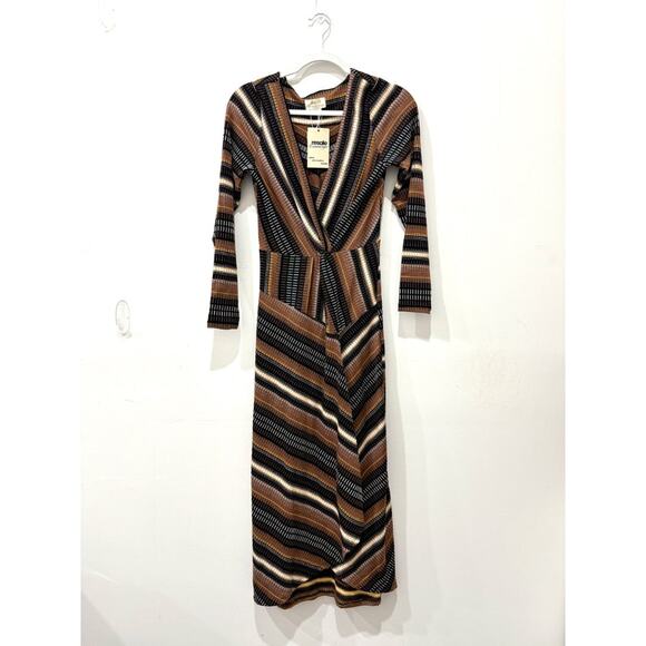NWT Maeve by Anthropologie Striped Wrap Midi Dress Brown Multi Women's Size XS - Picture 3 of 7